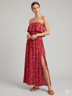 Boho Red Floral Off Shoulder Maxi Dress Coastal Beach Vacation